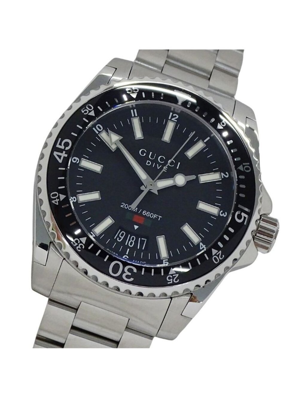 Gucci Clock Dive Date Quartz Stainless SS 136.3 Silver Black Watch